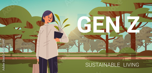 girl holding potted plant generation Z lifestyle concept new modern demography trend with progressive youth gen