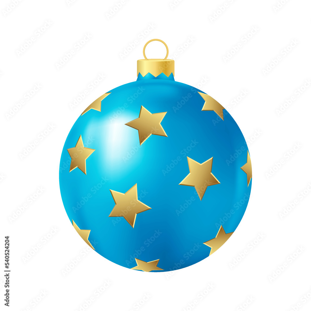 Blue Christmas tree toy with gold stars Realistic color illustration Blue Christmas tree toy with gold stars Realistic color illustration