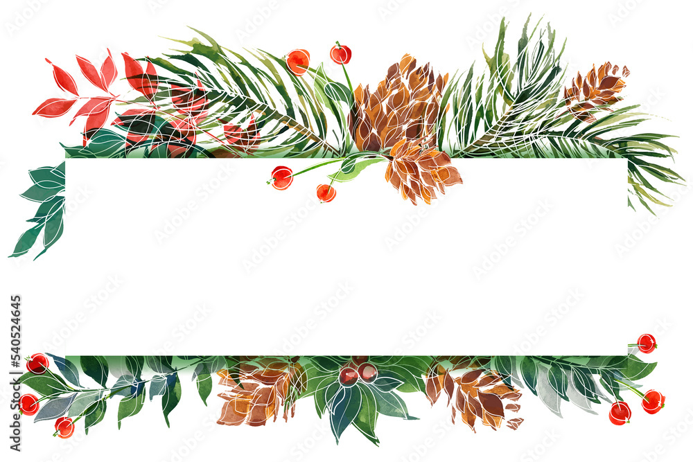 Christmas watercolor pine and holly and winter plants Stock