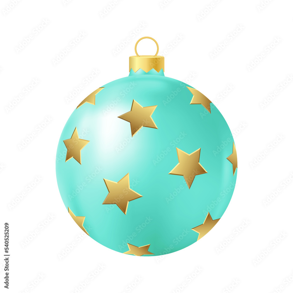 Turquoise Christmas tree toy with golden stars Realistic color illustration Turquoise Christmas tree toy with golden stars Realistic color illustration