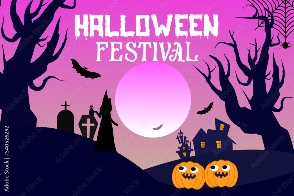 Halloween festival terrifying night Background with black bats,spider,Pumpkin,horror Night scene,Spooky Nighttime Happy halloween festival horrible background.