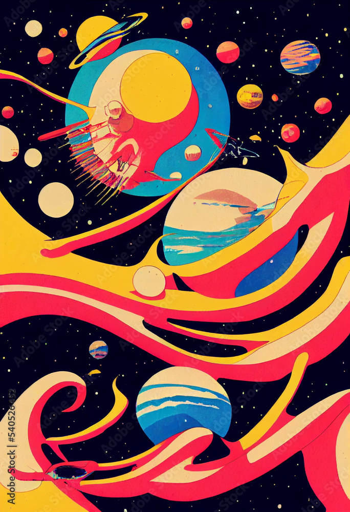 Fototapeta premium Hand drawn comic illustration of Live on Another Planet, Retro and 90s style, Cosmos, Pop Art, Abstract, Crazy, and Psychedelic Background