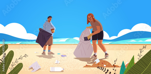 people collecting trash into bag beach cleanup generation Z lifestyle concept new demography trend with progressive youth gen