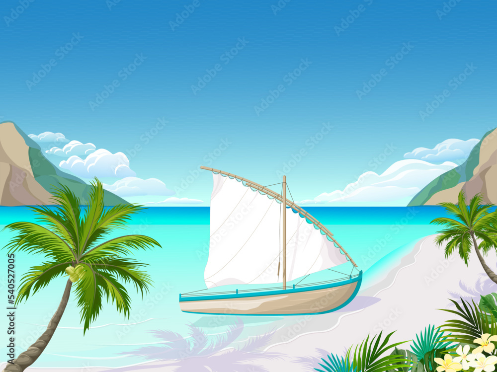 Sunny, seascape with a boat and sail on the shore. Palm trees with coconuts, white sand. Tropical flowers, mountains. A day in a tropical place. Realistic vector illustration