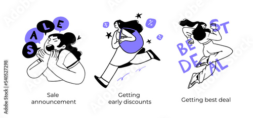 Online shopping and E-commerce concept set. Sale, orders, online payment, delivery, loyalty program. Visual stories collection