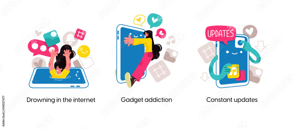 Modern social media problems, peculiarities and differences. Concept business illustrations. Internet and gadget addiction. Modern social media problems, peculiarities and differences. Concept business illustrations. Internet and gadget addiction.