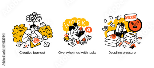 Remote Work Benefits, Limitations and Workflow Organization Concept illustrations. Collection of scenes with people organizing and improving their workflow. Visual stories collection