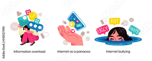 Modern social media problems, peculiarities and differences. Concept business illustrations. Internet and gadget addiction