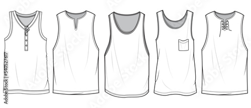 Sets of Tank Top, Men's Vest Top Set Fashion Illustration, Vector, CAD, Technical Drawing, Flat Drawing, Template, Mockup