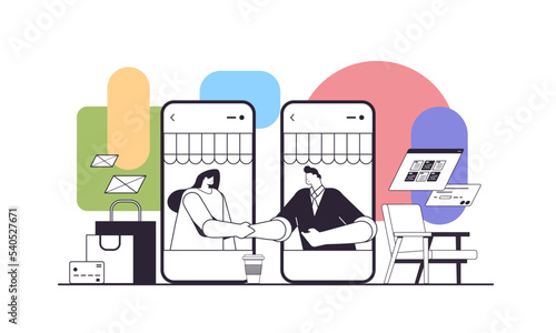 businesspeople shaking hands business partners on smartphones screen making deal agreement partnership