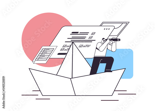 businessman with binoculars floating on paper boat looking for successful future leadership startup strategy planning