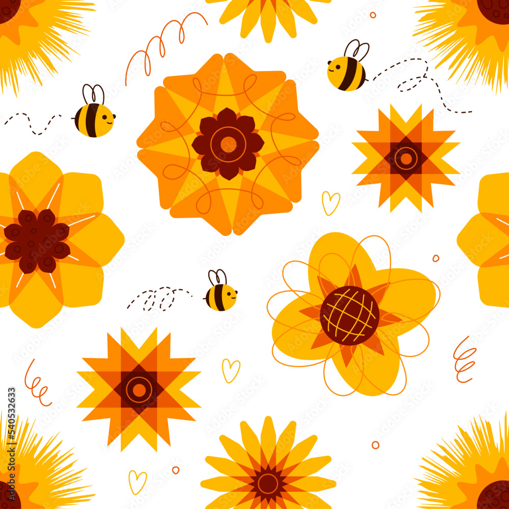 Cartoon sunflower seamless pattern. Cute honey bees with decorative sunny flowers, insects and oilseeds plants, summer print. Decor textile, wrapping paper, wallpaper swanky vector background Cartoon sunflower seamless pattern. Cute honey bees with decorative sunny flowers, insects and oilseeds plants, summer print. Decor textile, wrapping paper, wallpaper swanky vector background