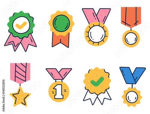 Award medal prize badge line art style trophy abstract isolated set. Vector graphic design illustration element