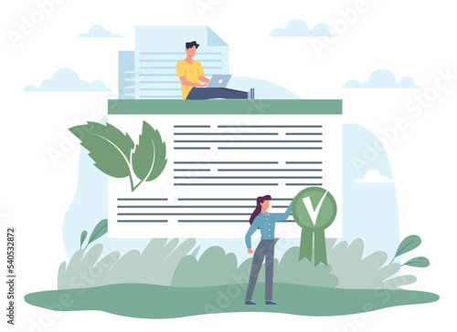 Green certificate, diploma, ecological consumption natural resources. Natural organic quality products. Eco license. Sustainable business, Environmental protection. Vector cartoon concept