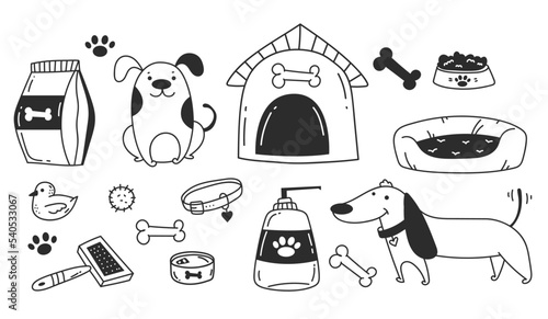 Dog pet puppy vet bath grooming supplies brush tools line art style isolated set. Vector graphic design illustration element