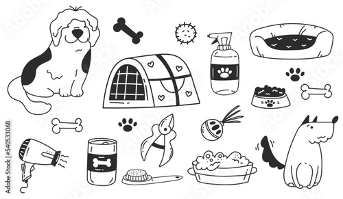 Dog pet puppy vet bath grooming supplies brush tools line art style isolated set. Vector graphic design illustration element