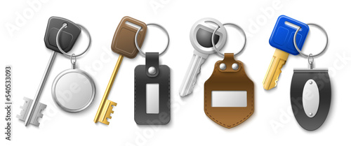 Keys with key chains. Realistic isolated keychains, leather and metal modern tags and pendants, different shapes charms, 3d holders various metal and different forms. Utter vector set