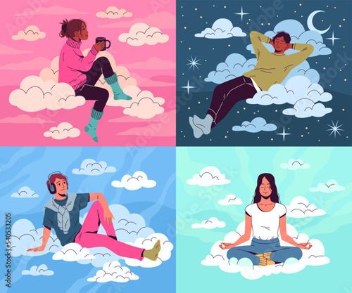 People in cumulus clouds. Happy young men and women in dreams, think about positive things, romantic inspirations, meditation and listen music, sleeping and drink tea, tidy vector set