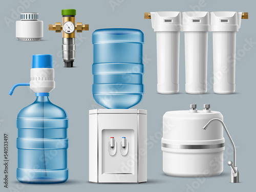 Realistic water filters. 3d home purification systems, cooler with plastic bottle, chrome faucet and spare cartridges, office drinking water treatment devices, utter vector isolated set