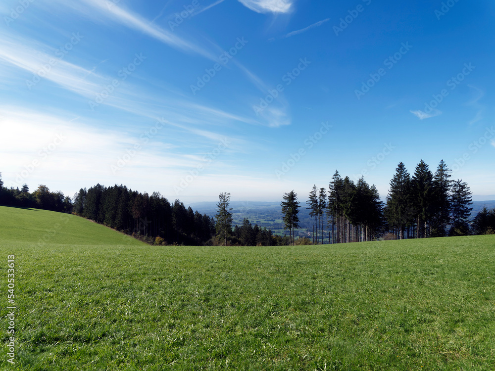 Obraz premium Hotzenwald im Südschwarzwald. Entlang Holzenpfad. Wunderbares Panorama über das Rheinthal vom Heuberg und dem Flugplatz Hütten