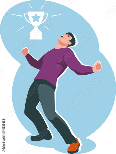 The young man threw up his hands in victory. A businessman rejoices in his success. The concept of winning, success, winning, joy. Stock vector illustration