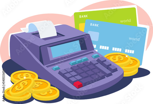 Cash machine for making payments and issuing receipts with coins and cards. A machine for regulating money transactions, cash flows with customers. The concept of buying goods in a flat style. 