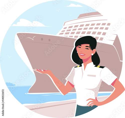 A uniformed stewardess at the port invites passengers on a cruise liner. Concept of providing services on ships. Stock vector illustration
