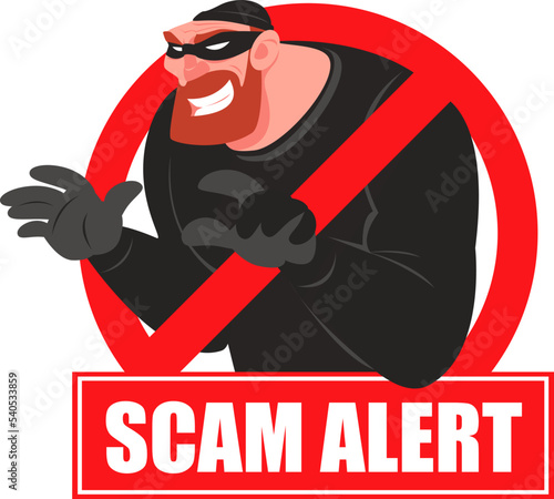 Fraud warning with an image of a man wearing a black mask. The concept of danger from the activities of flat style scammers. Stock vector illustration