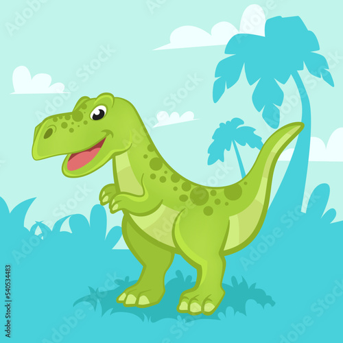 Cartoon green dinosaur on a blue background. Prehistoric time