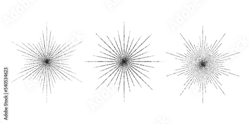 Dotted grain star with beams set. Black stippled ray sparkle and flare collection. Various noise textured asterisks. Different halftone dot work stellar forms and burst explosion. Vector sparks. 