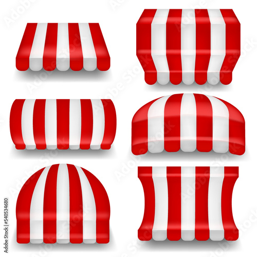 Realistic Detailed 3d Awnings Shop Tents Set Isolated on a White Background. Vector illustration of Striped Awning