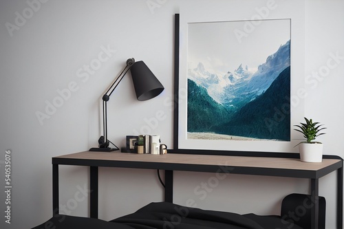 mock up poster frame in hipster bedroom interior background, scandinavian style, 3D render, 3D illustration