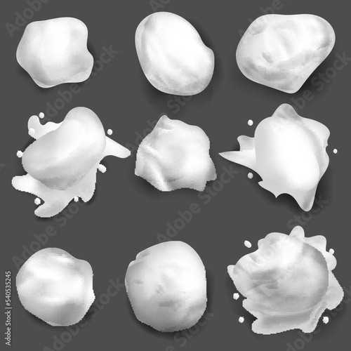 Realistic Detailed 3d Different Snow Splats and Splashes Set. Vector illustration of Snowball for Winter Fun Leisure