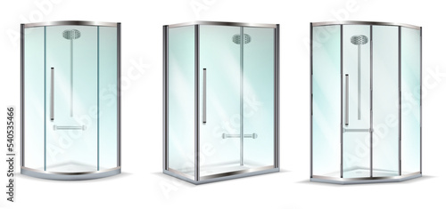Realistic Detailed 3d Shower Cabin Set Different Shape Bathroom Element Isolated on a White Background. Vector illustration