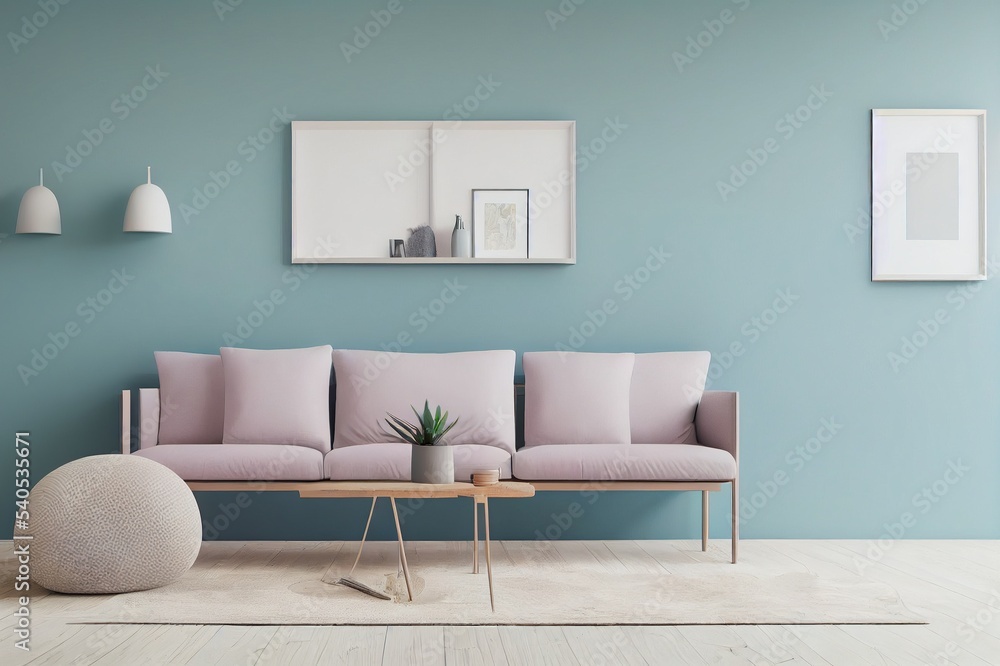 View of Scandinavian style living room, interior in pastel colors, wall mockup ...