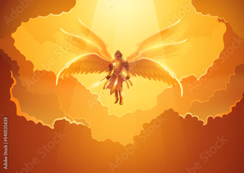 Fototapeta Archangel with six wings holding a sword in the open sky