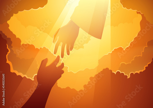 God in the open sky with human hands trying to reach Him