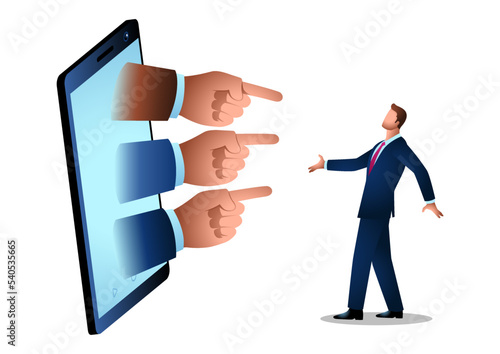 Businessman pointed by giant fingers comes out of cellphone