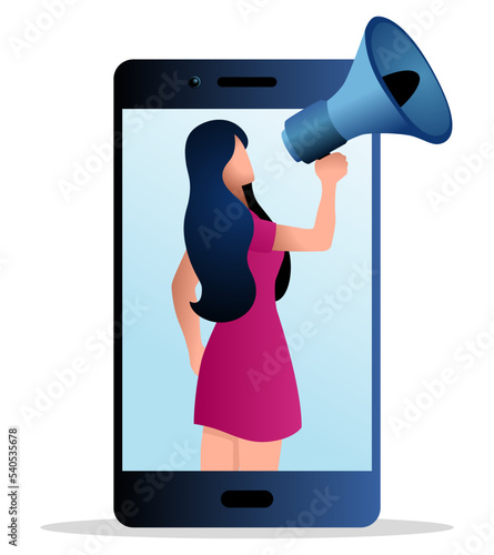 Female figure comes out from cellphone using megaphone