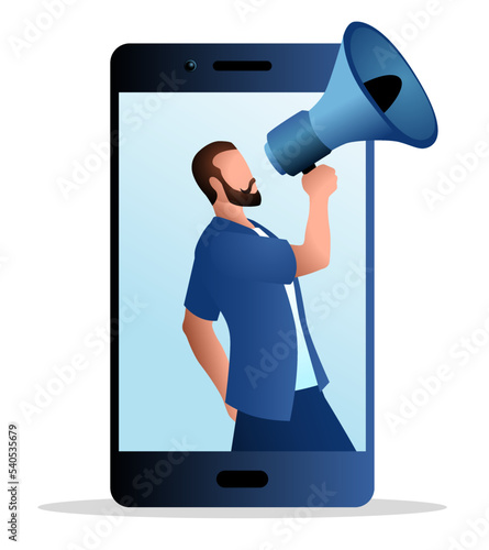 Male figure comes out from cellphone using megaphone