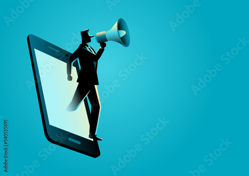 Man with long nose comes out from cellphone using megaphone