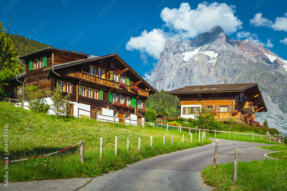 Wooden houses and flowery gardens with picturesque view, Grindelwald, Switzerland Wooden houses and flowery gardens with picturesque view, Grindelwald, Switzerland