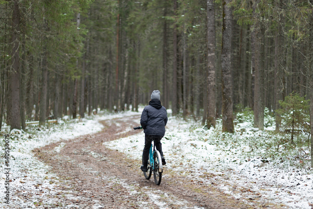 A woman rides a bicycle through a winter forest. A walk through the winter forest.