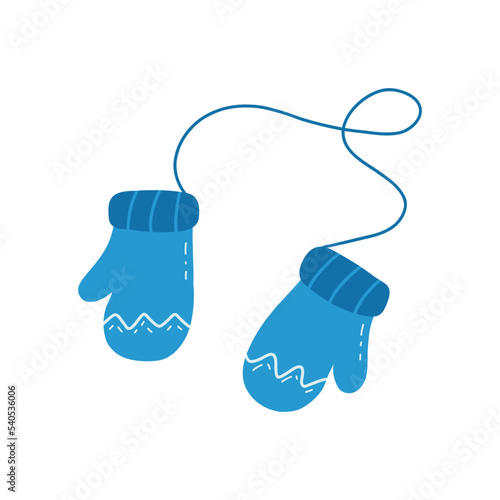 Cute warm cozy blue mittens on a string. Winter accessory for hands. Colorful vector isolated illustration doodle hand drawn. Knitted comfortable childrens mittens