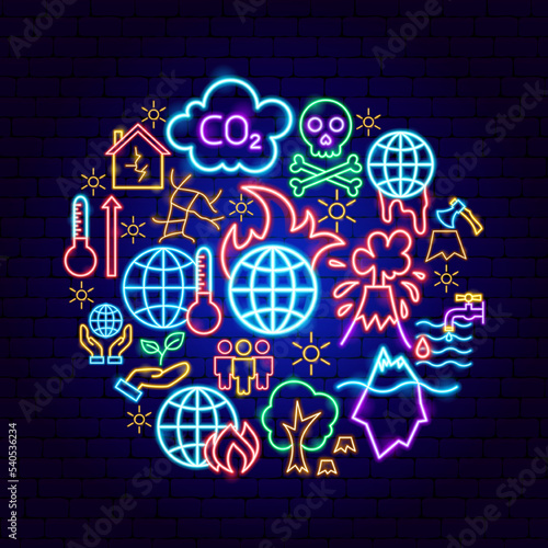 Global Warming Neon Concept. Vector Illustration of Nature Safe Symbol.