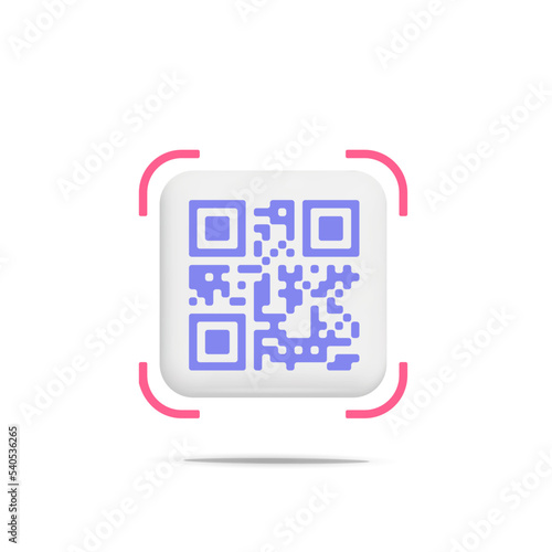 3d vector cartoon render qr code scanning sample icon for website verification, online shop payment on mobile app design. Purple square scan symbol isolated on white background.