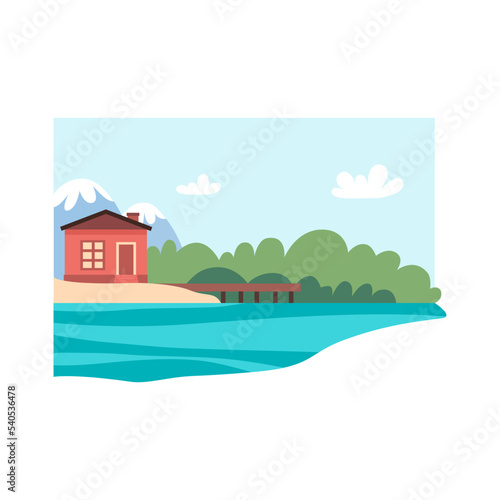 Lake house landscape with cottage house, mountains, trees and turquoise lake. Summer country home river. Vector illustration in flat cartoon style. Travel, vacation, camping design.