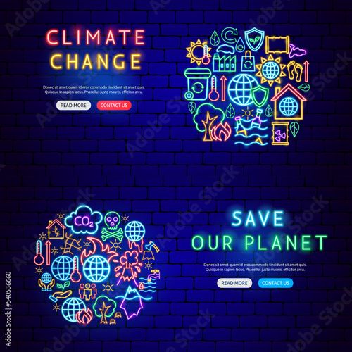 Global Warming Neon Banners. Vector Illustration of Nature Safe Symbol.