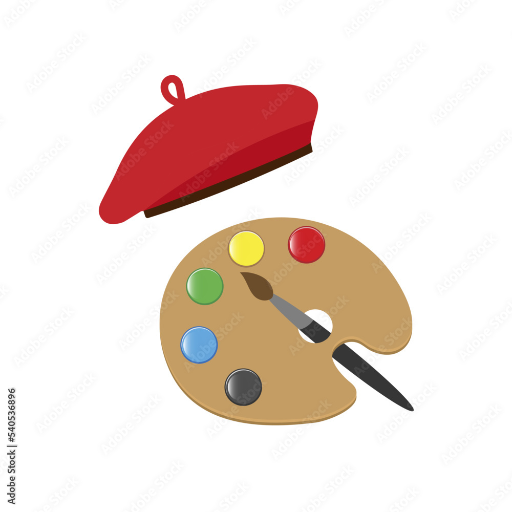 Painting palette and beret icon in cartoon style isolated on white background. France convention of the stock vector illustration