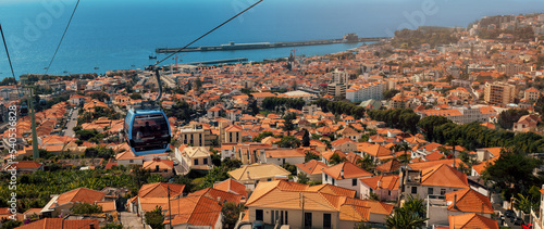 aerial view of Funchal panorama with traditional cable car. Madeira island, Portugal